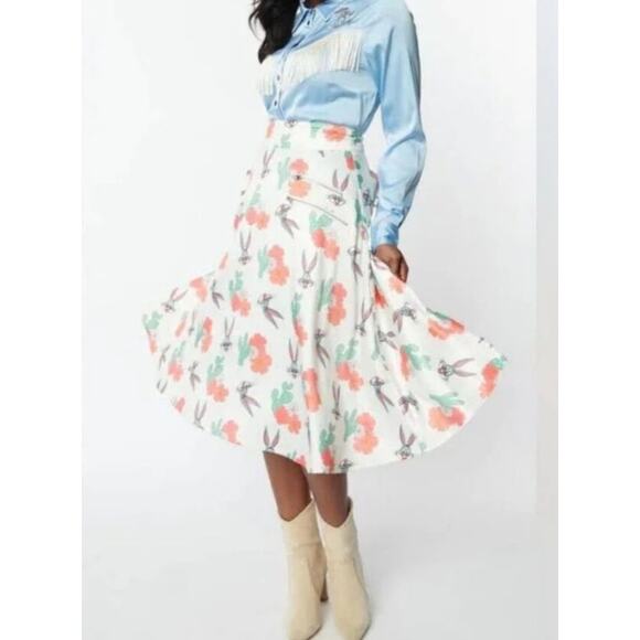 Unique Vintage Women's 1x Looney Tunes Bugs Bunny Cactus Circle Midi Skirt - Picture 2 of 8
